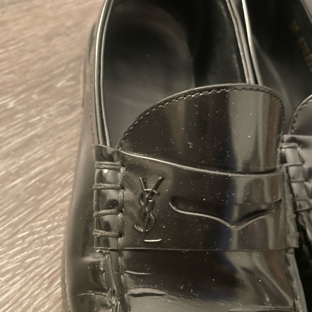 Yves Saint Laurent Glossy Black Penny Loafers with YSL Emblem